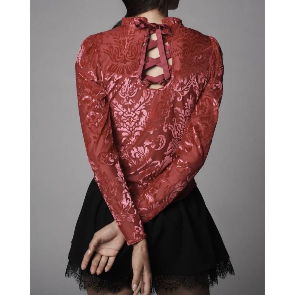 By Anthropologie Velvet Burnout Top S Lace Up Back Ruffle Mock Neck Damask Pink - Picture 6 of 16